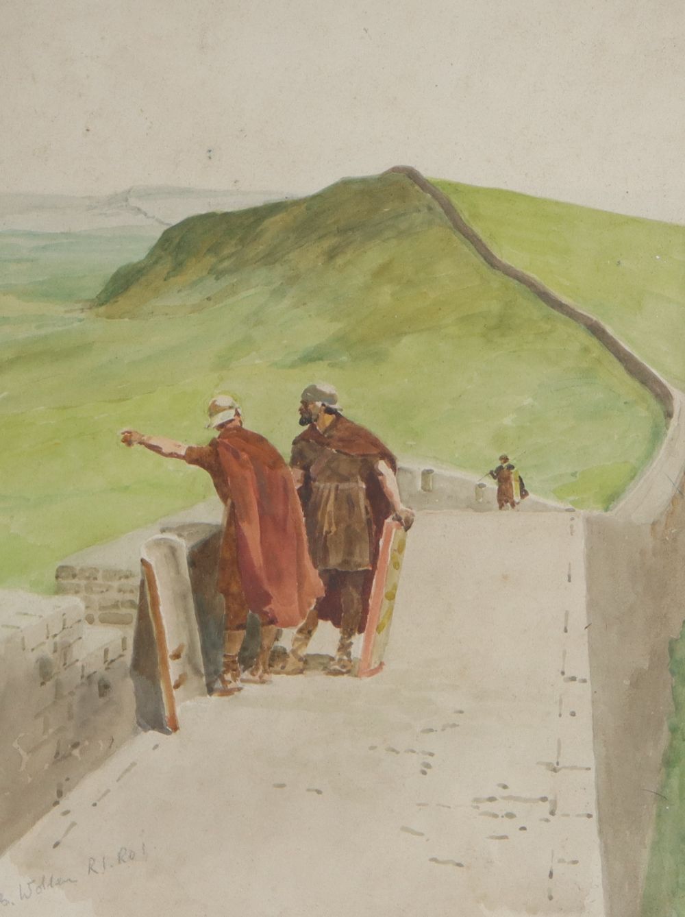 William Barnes Wollen (1854-1936), watercolour, Roman Soldiers on Hadrians Wall, signed, 36 x 27cm